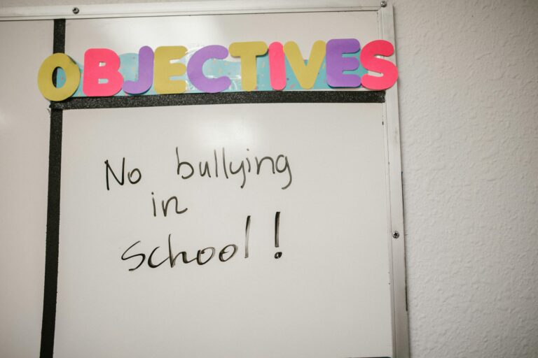 Whiteboard with 'No bullying in school!' message promoting anti-bullying awareness.